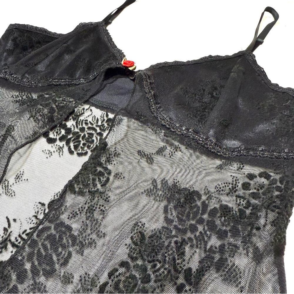 Sheer Black Velvet Floral Lace Slip Maxi Dress Rose Bow Whimsygoth Fairy Grunge - Picture 12 of 15